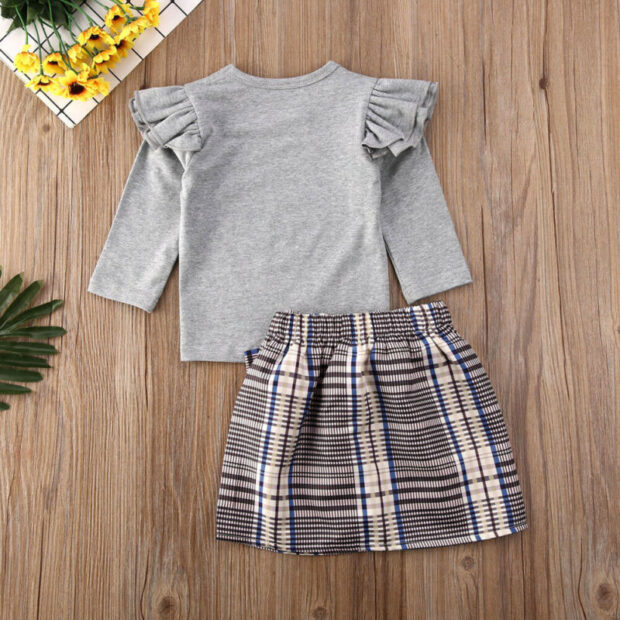 Plaid Pattern Button Skirt & Plain Pullover Top Long Sleeve Outfit - Image 2
