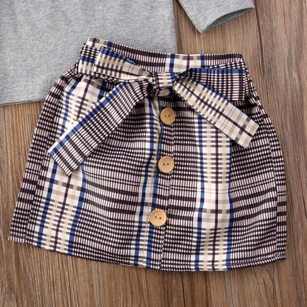 Plaid Pattern Button Skirt & Plain Pullover Top Long Sleeve Outfit - Image 5