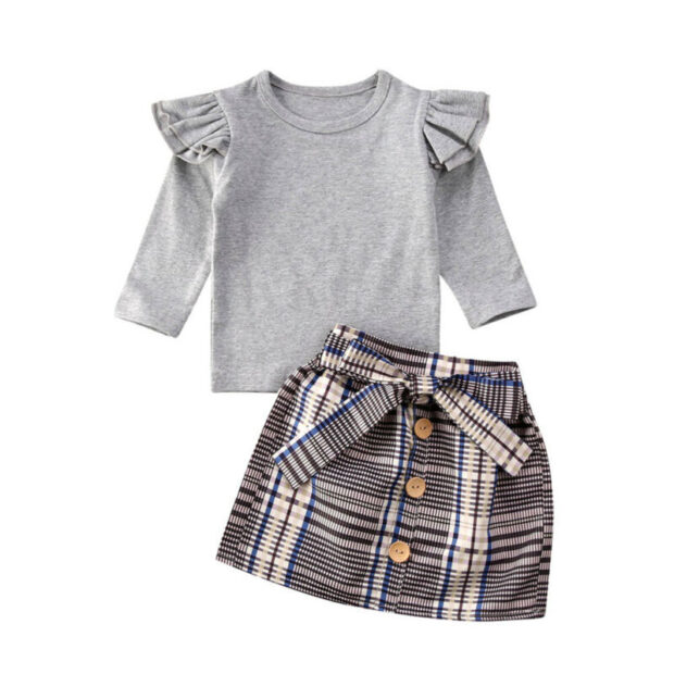 Baby Plaid Pattern Button Skirt & Pullover Top Outfit