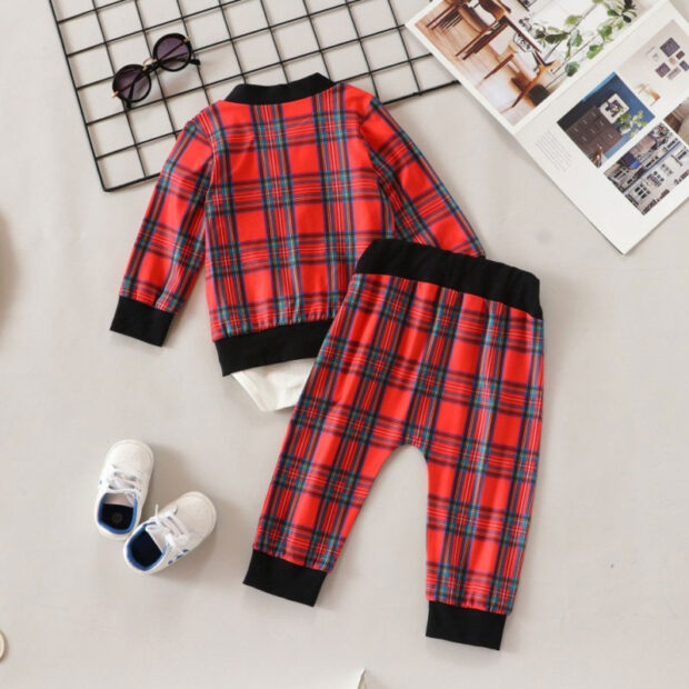 Plaid Pattern Cardigan Outfit with Bow Tie Onesie & Pants Long Sleeve - Image 3