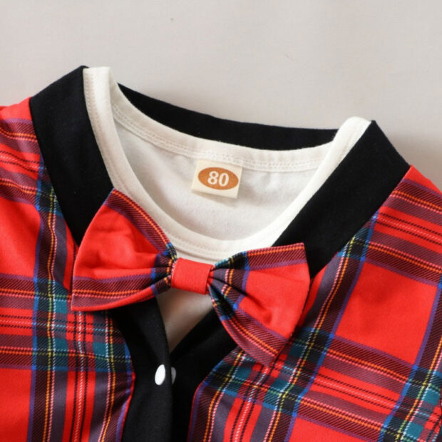 Plaid Pattern Cardigan Outfit with Bow Tie Onesie & Pants Long Sleeve - Image 4