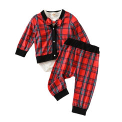 Plaid Pattern Cardigan Outfit with Bow Tie Onesie & Pants Long Sleeve