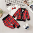 Baby Plaid Pattern Cardigan Outfit with Bow Tie