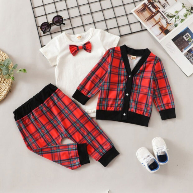 Plaid Pattern Cardigan Outfit with Bow Tie Onesie & Pants Long Sleeve - Image 2