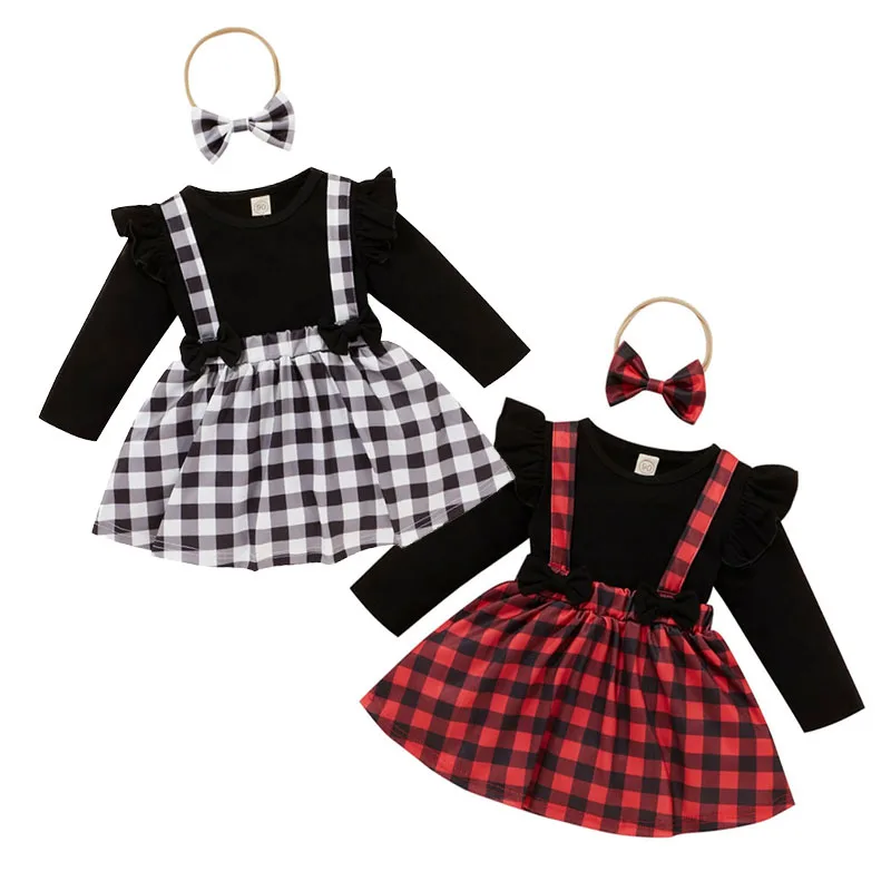 Plaid Pattern Suspender Skirt & Top Long Sleeve with Ribbon Bow Headband