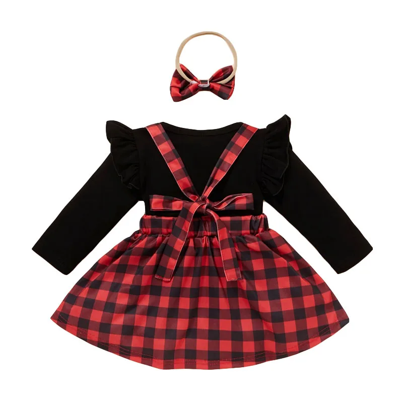 Plaid Pattern Suspender Skirt & Top Long Sleeve with Ribbon Bow Headband - Image 2