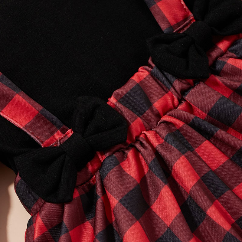 2-piece Toddler Girl Ruffled Short-sleeve White Tee and Bowknot Design Plaid Suspender Skirt Set