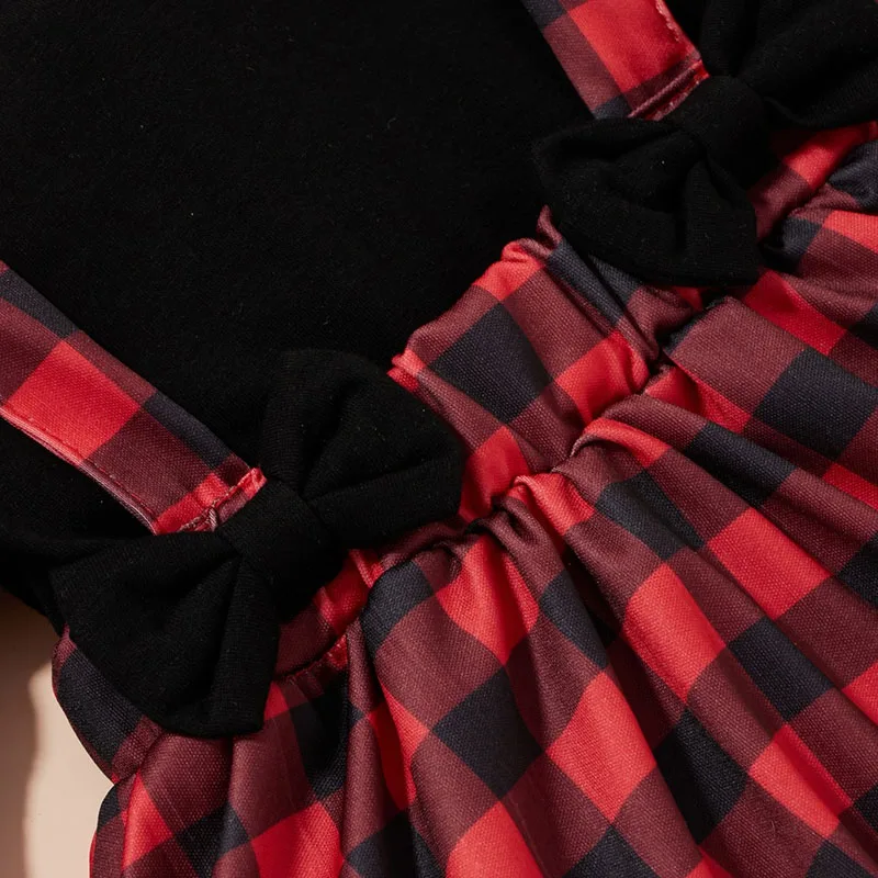 Plaid Pattern Suspender Skirt & Top Long Sleeve with Ribbon Bow Headband - Image 4