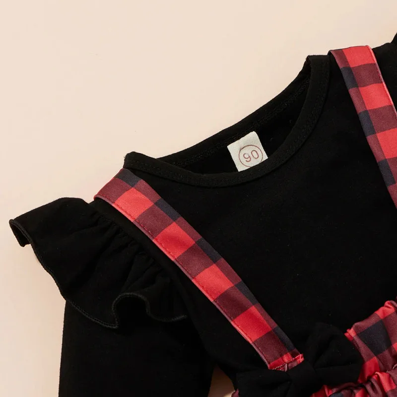 Plaid Pattern Suspender Skirt & Top Long Sleeve with Ribbon Bow Headband - Image 3