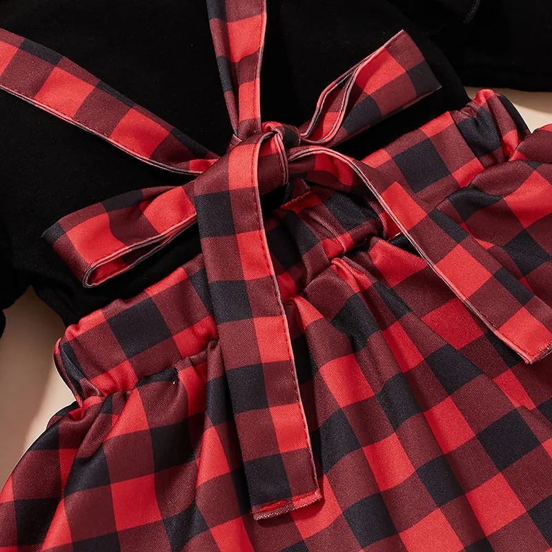 Plaid Pattern Suspender Skirt & Top Long Sleeve with Ribbon Bow Headband - Image 5
