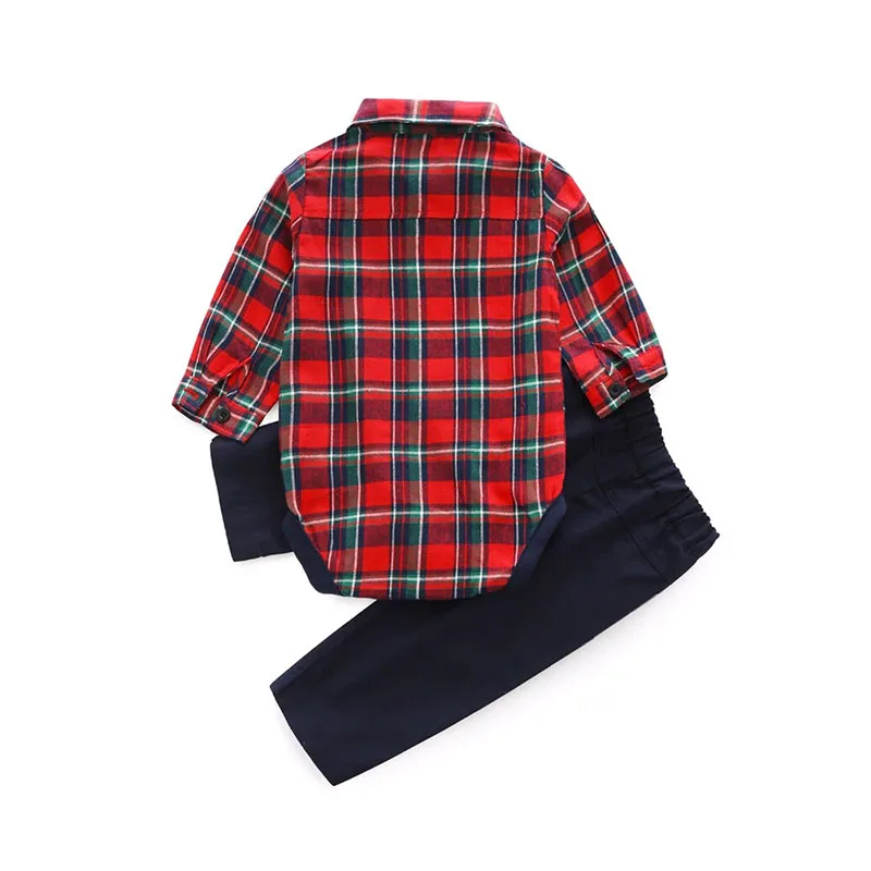 Baby Boy Plaid Pattern Polo Bodysuit with Bow Tie & Pants Long Sleeve 3 pcs Set - Image 2