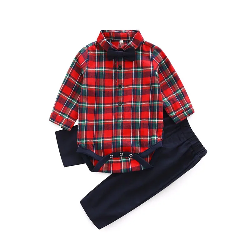 Baby Boy Plaid Pattern Polo Bodysuit with Bow Tie & Pants Long Sleeve 3 pcs Set