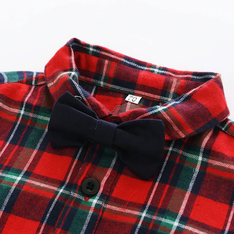 Baby Boy Plaid Pattern Polo Bodysuit with Bow Tie & Pants Long Sleeve 3 pcs Set - Image 3