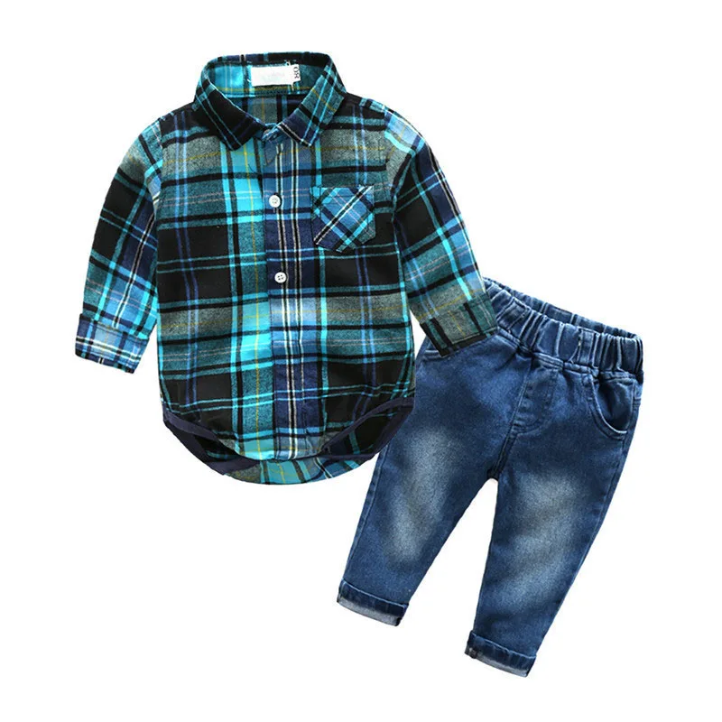 Baby Boy Plaid Polo Onesie Long Sleeve, Elastic Denim Jeans 2 pcs Outfit