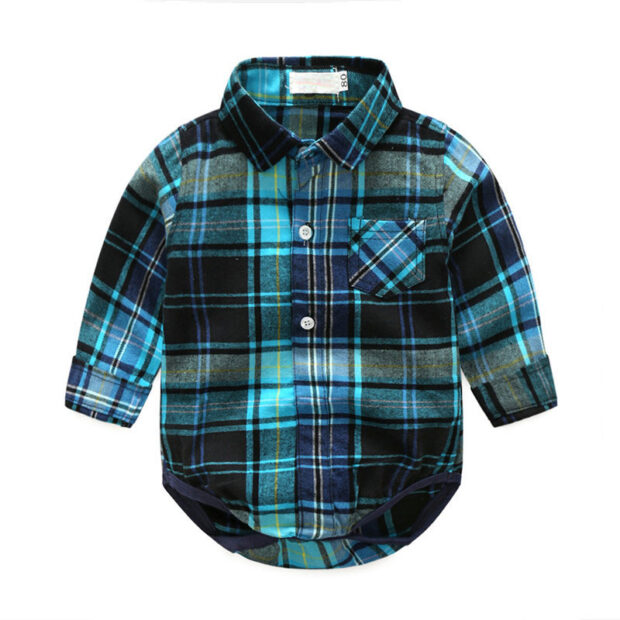 Baby Boy Plaid Polo Onesie Long Sleeve, Elastic Denim Jeans 2 pcs Outfit - Image 2
