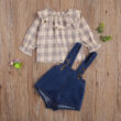 Baby Plaid Pattern Ruffle Collar Top & Suspender Denim Shorts