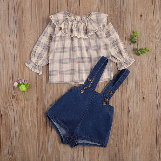 Baby Plaid Pattern Ruffle Collar Top & Suspender Denim Shorts