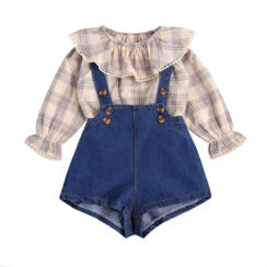 Long Sleeve Plaid Pattern Ruffle Collar Top & Suspender Denim Shorts