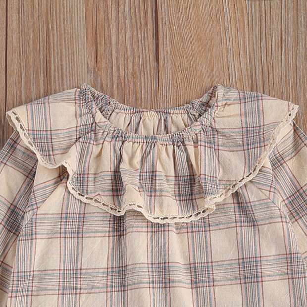 Baby Plaid Pattern Ruffle Collar Top & Suspender Denim Shorts