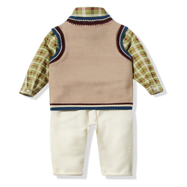 Baby Boy Plaid Button Up Shirt, Sweater Vest, Pants Long Sleeve 3 pcs Set - Image 2