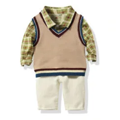 Baby Boy Plaid Button Up Shirt, Sweater Vest, Pants Long Sleeve 3 pcs Set
