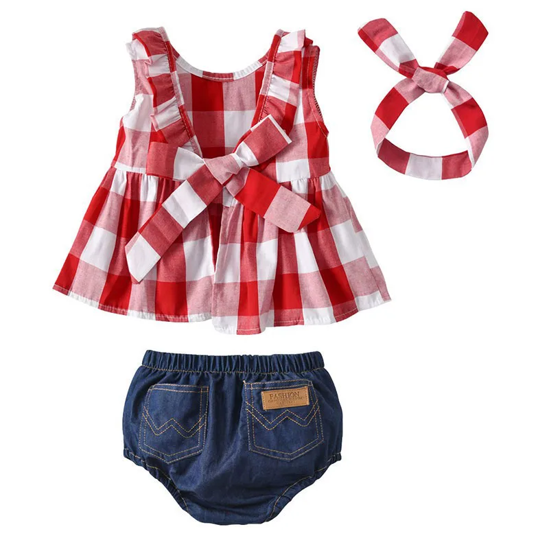 Baby Girls Checker Pattern Blouse, Denim Diaper Covers, Ribbon Headband 3pcs - Image 2