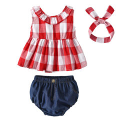 Baby Girls Checker Pattern Blouse, Denim Diaper Covers, Ribbon Headband 3pcs