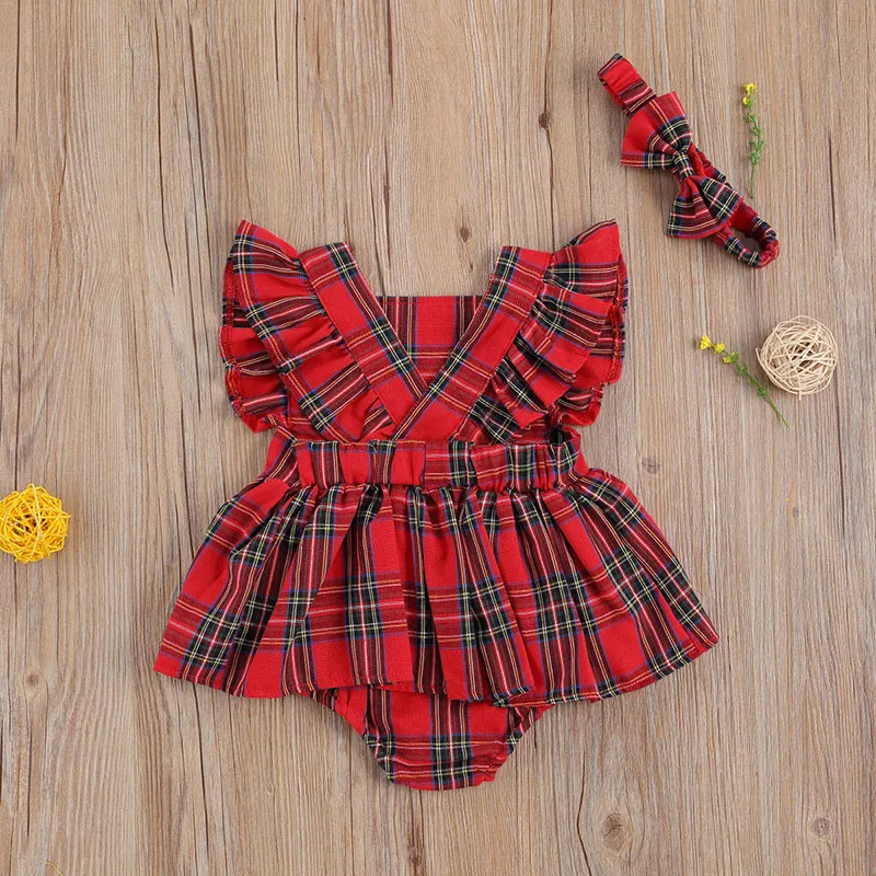 Plaid Pattern Sleeveless Dress with Diaper Cover & Ribbon Headband for Girls - Image 2