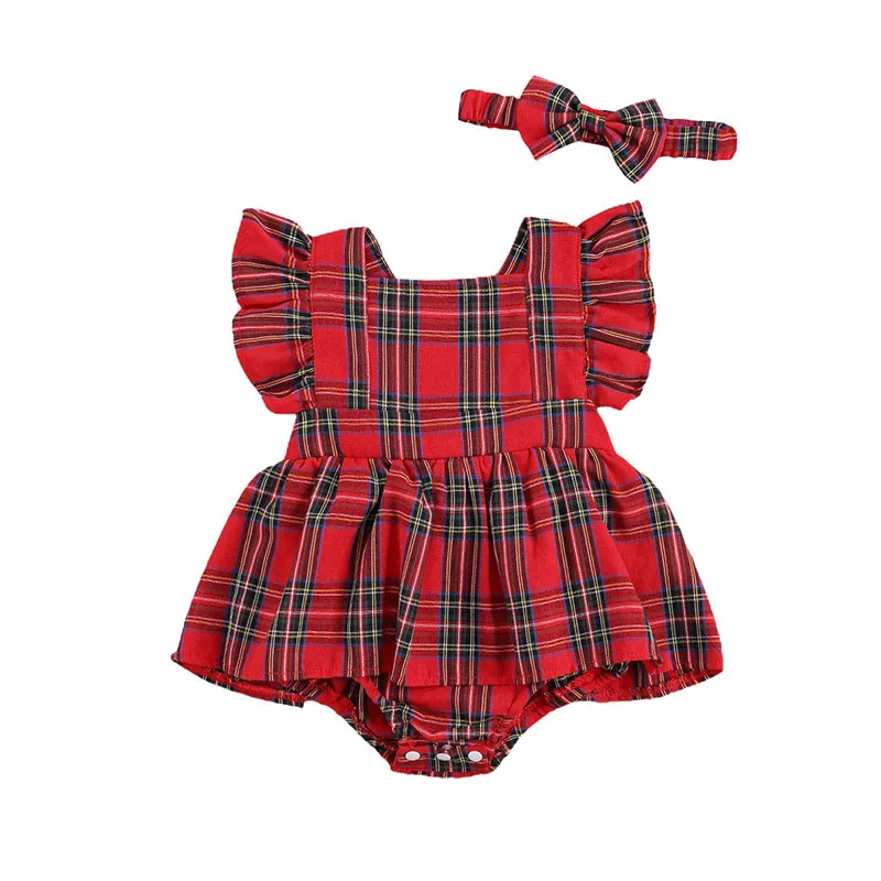 Plaid Pattern Sleeveless Dress with Diaper Cover & Ribbon Headband for Girls