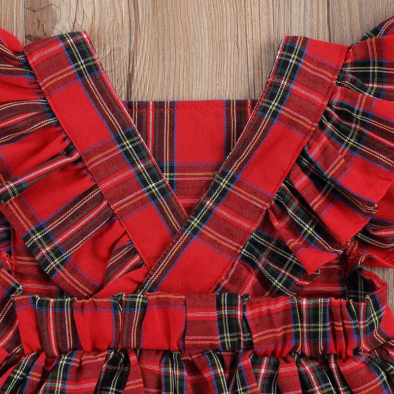 Plaid Pattern Sleeveless Dress with Diaper Cover & Ribbon Headband for Girls - Image 3