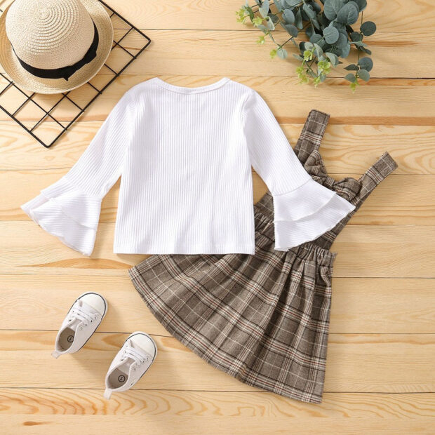 Baby Plaid Pattern Suspender Dress & Top Outfit