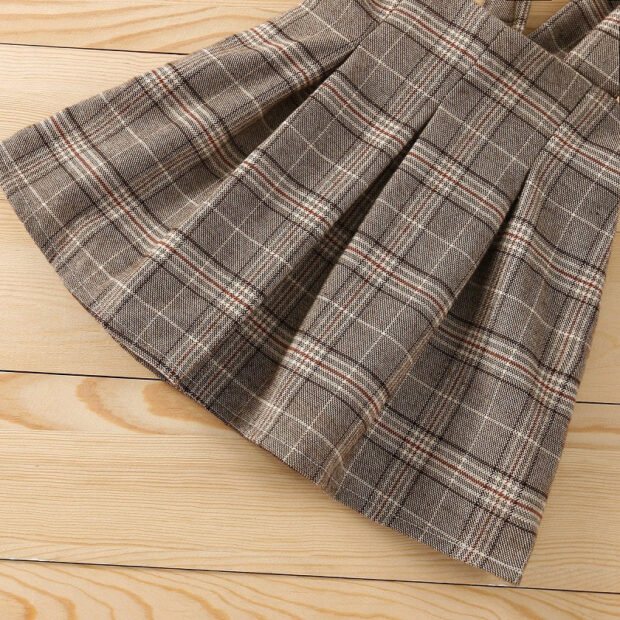 Plaid Pattern Suspender Dress & Ribbed Pattern Top with Flared Long Sleeve - Image 6