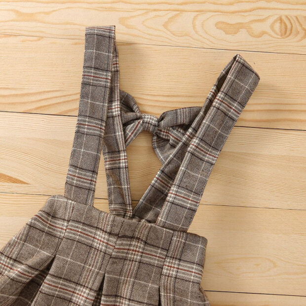 Plaid Pattern Suspender Dress & Ribbed Pattern Top with Flared Long Sleeve - Image 5