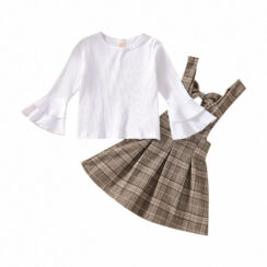 Plaid Pattern Suspender Dress & Ribbed Pattern Top with Flared Long Sleeve