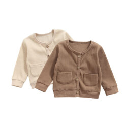 Plain Cardigan Ribbed Pattern Button Up with Pockets Long Sleeve