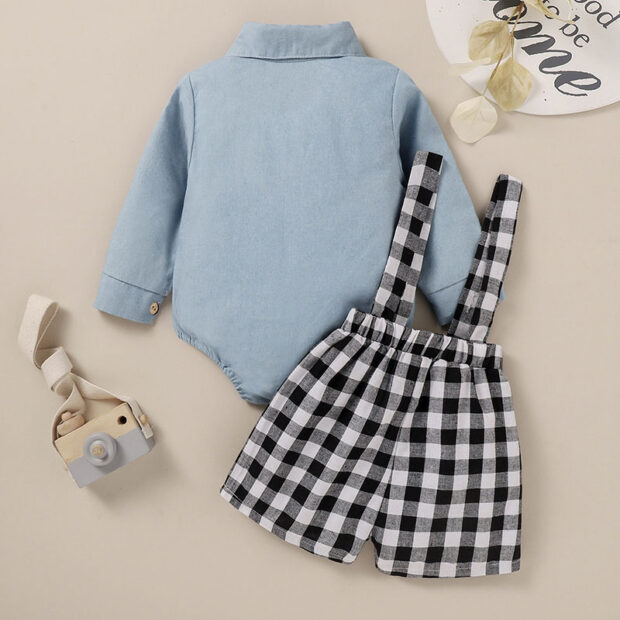 Plain Color Button Down Onesie in Folded Collar Long Sleeve & Checker Pattern Suspender Shorts - Image 2