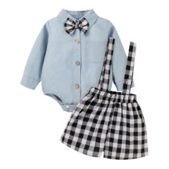 Plain Color Button Down Onesie in Folded Collar Long Sleeve & Checker Pattern Suspender Shorts