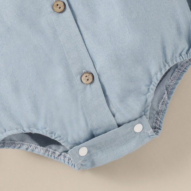 Plain Color Button Down Onesie in Folded Collar Long Sleeve & Checker Pattern Suspender Shorts - Image 5