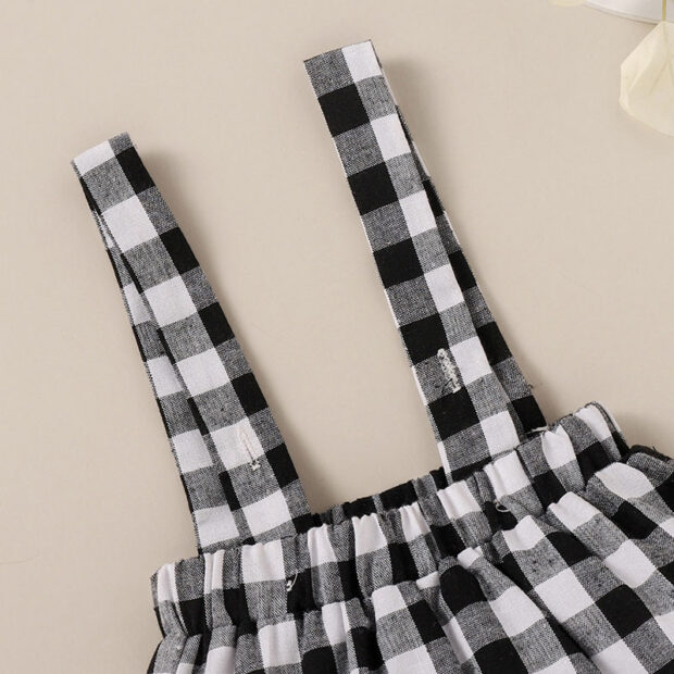 Plain Color Button Down Onesie in Folded Collar Long Sleeve & Checker Pattern Suspender Shorts - Image 6