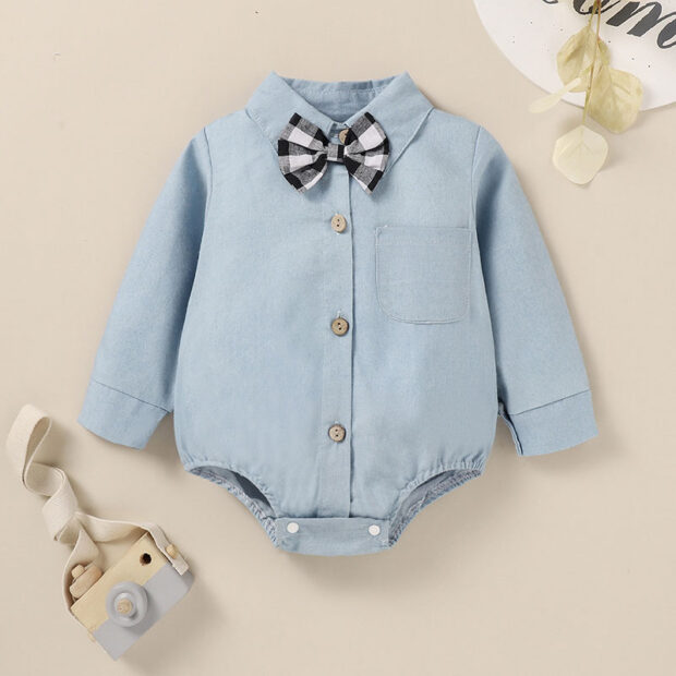Plain Color Button Down Onesie in Folded Collar Long Sleeve & Checker Pattern Suspender Shorts - Image 3
