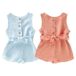 Plain Color Button Up Romper with Ribbon Belt Sleeveless