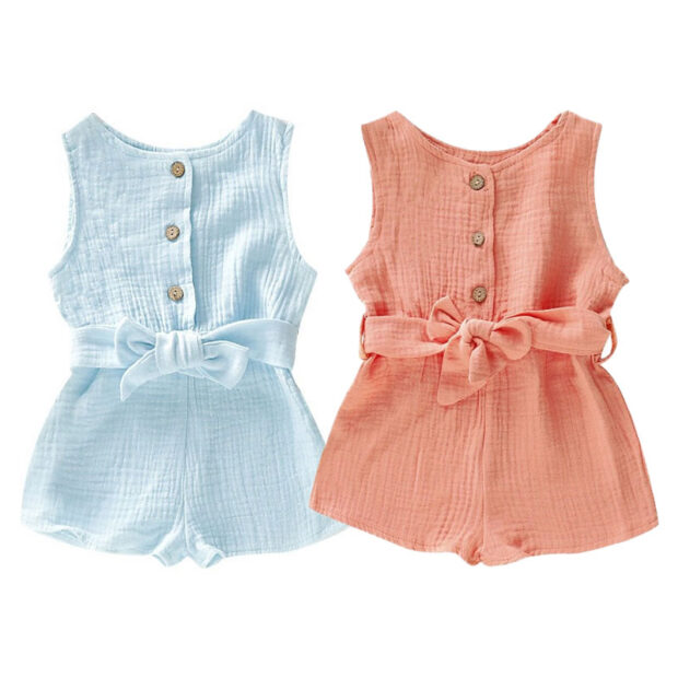 Plain Color Button Up Romper with Ribbon Belt Sleeveless