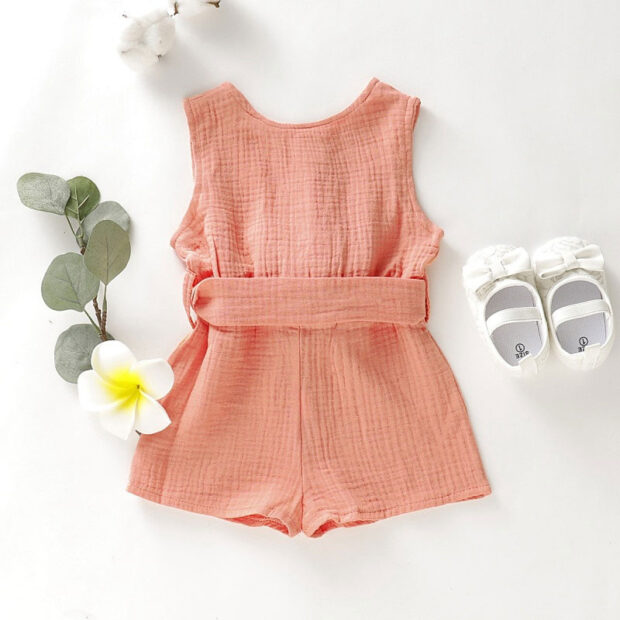Plain Color Button Up Romper with Ribbon Belt Sleeveless - Image 2