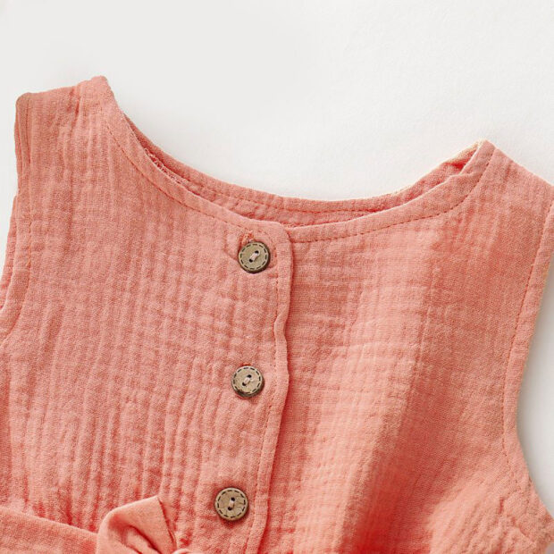 Plain Color Button Up Romper with Ribbon Belt Sleeveless - Image 3