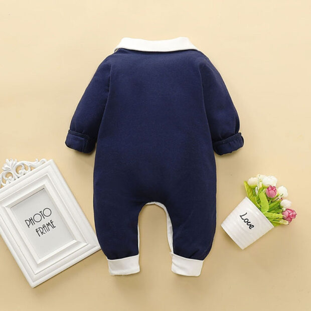 Plain Color Folded Collar Romper with Bow Tie Long Sleeve - Image 2