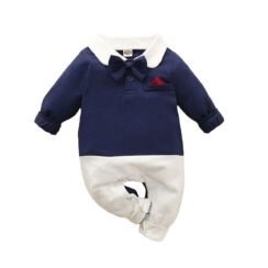 Plain Color Folded Collar Romper with Bow Tie Long Sleeve