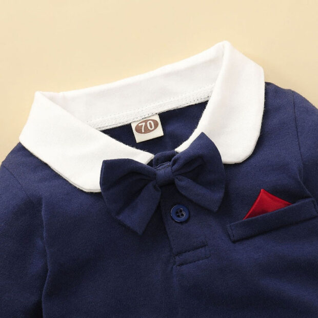 Plain Color Folded Collar Romper with Bow Tie Long Sleeve - Image 3
