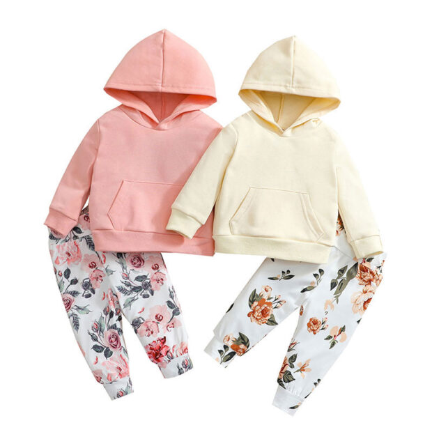Long Sleeve Plain Color Hoodie Sweatsuit & Floral Pattern Pants with Matching Ribbon Headband