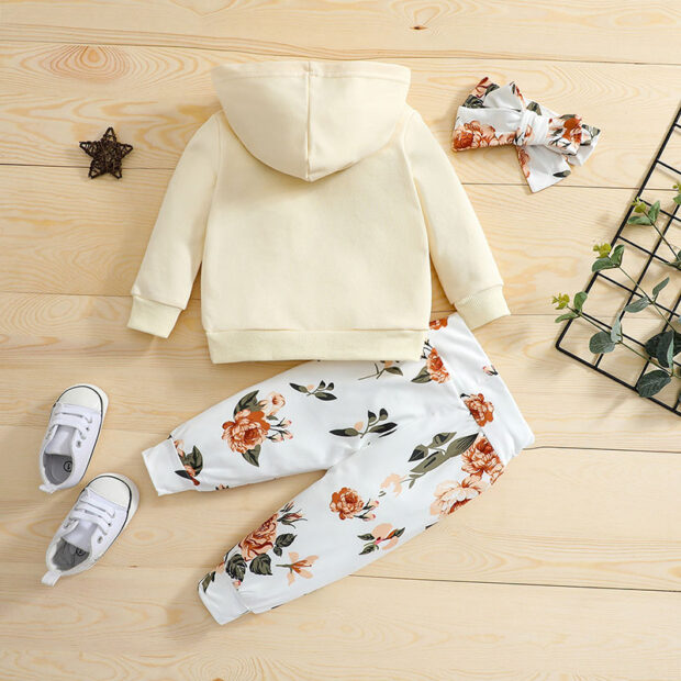 Long Sleeve Plain Color Hoodie Sweatsuit & Floral Pattern Pants with Matching Ribbon Headband - Image 2