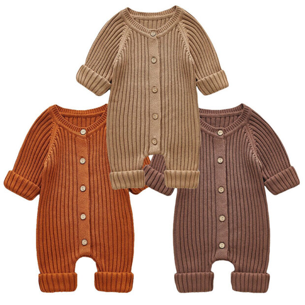 Plain Color Ribbed Pattern Button Up Romper